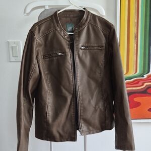 Brown Faux Leather Jacket With pockets